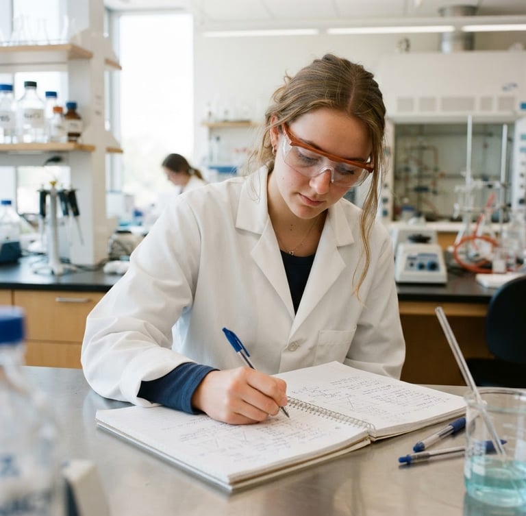Close-up of a student in a bright laboratory, wearing a clean white lab coat and orange-rimmed safety goggles, writing in a notebook, natural campus light, 35mm