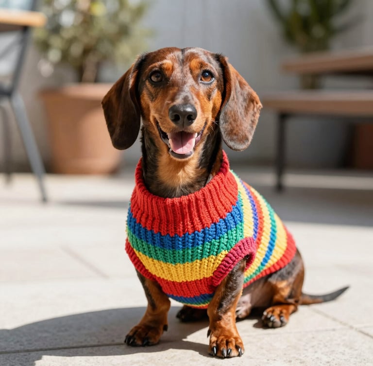 vibrant pet photography, bright natural daylight, colorful and joyful mood, shallow depth of field, 50mm lens. A happy dachshund wearing a perfectly fitting handmade colorful knitted sweater, sitting on a sunny patio, eye-level shot.