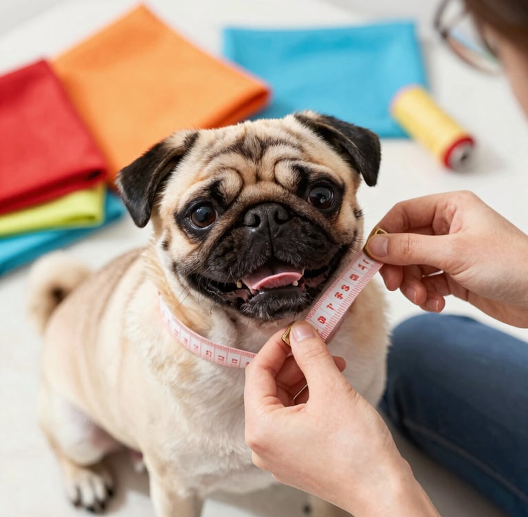 Close-up of hands carefully measuring a cheerful pug dog with a soft measuring tape, vibrant fabrics and sewing tools visible in the background, bright natural light