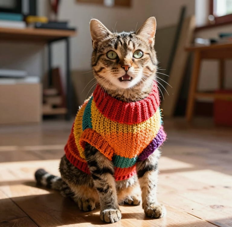 Eye-level portrait of a happy tabby cat wearing a perfectly fitting colorful knitted sweater, sitting on a sunny wooden floor in a Celaya home workshop, warm natural daylight, shallow depth of field