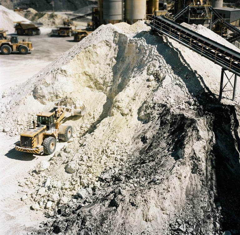 Industrial documentary photography of a raw talc stockpile under harsh direct sunlight, sharp focus, high contrast yellow and black tones, 35mm lens