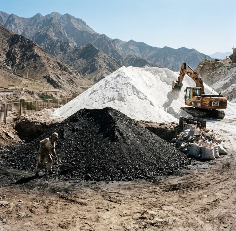 High-contrast industrial documentary photo of raw mineral stockpiles of white talc and dark chromite, harsh direct sunlight, rugged Pakistani mountain terrain in the background, sharp focus, 35mm lens.