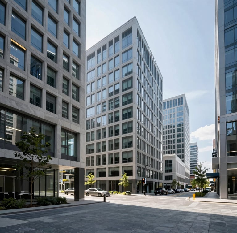 An architectural view of a clean modern Canadian business district, bright daylight, professional corporate environment, sharp focus, cool slate tones