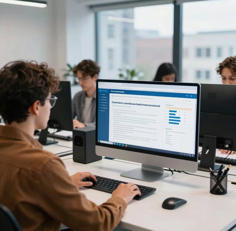 Espace de travail collaboratif lumineux à Montréal, équipe de professionnels analysant un tableau de bord de commerce international, lumière naturelle, tons bleu et ardoise
