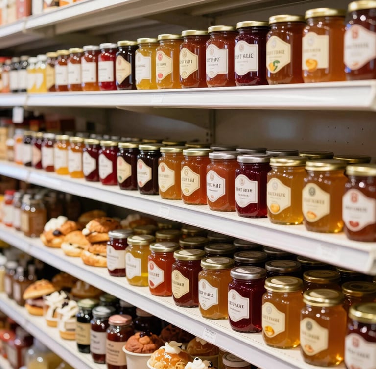 Bright editorial medium shot of neatly arranged shelves at West Hills Market, colorful local jams, organic honey jars, and fresh pastries, warm natural daylight, shallow depth of field.