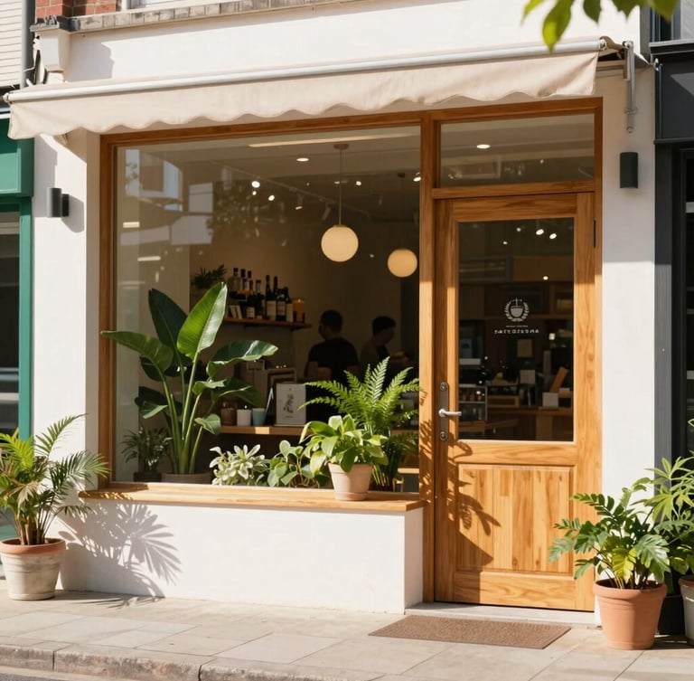 Bright sunlit view of a clean modern neighborhood market storefront with green plants and a welcoming wooden door, warm daylight