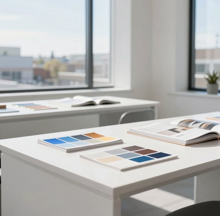 Wide environmental shot of a minimalist design studio in Provo, bright natural daylight streaming through large windows, clean white desks with neatly arranged color swatches and design monographs