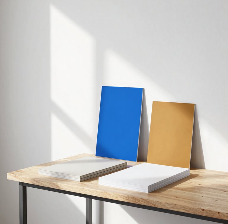 Architectural detail of a minimalist design studio in Provo, clean white walls, natural wood desk with neatly stacked paper samples, bright morning sun casting soft shadows, 50mm lens