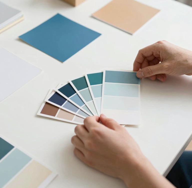 Close-up of hands arranging physical color swatches and tactile paper mockups on a clean white desk in a sunlit Provo studio, soft natural shadows.