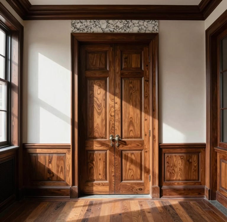 Straight-on architectural shot of a historic brownstone parlor room with natural daylight casting sharp shadows on custom walnut millwork integrated into plaster walls, travertine stone details.