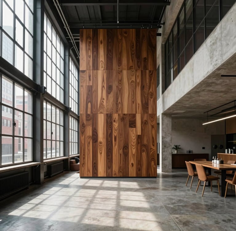 Straight-on architectural one-point perspective of a massive Tribeca loft. Natural daylight streams through tall industrial steel windows, illuminating a custom walnut partition wall that separates the living zone from a concrete-floored dining area.