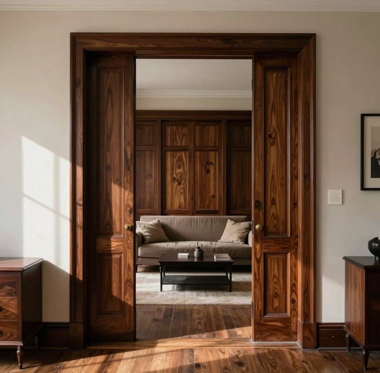 Portrait framing, straight-on architectural shot of a historic brownstone living room, deep walnut custom millwork integrated into original plaster walls, natural directional daylight casting sharp shadows.