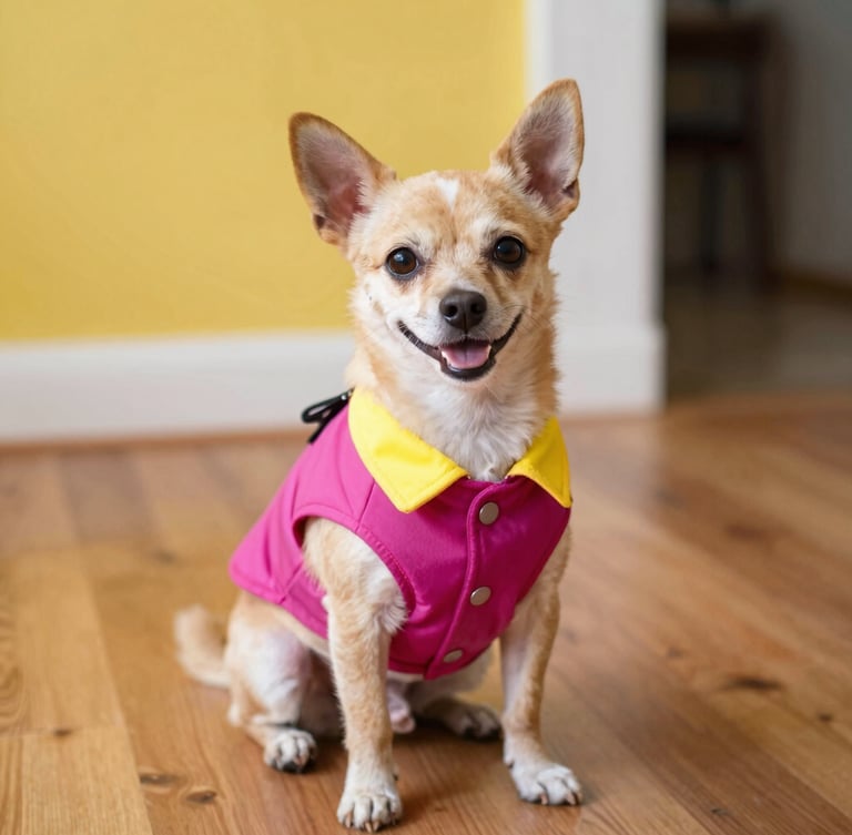 A happy small dog wearing a vibrant magenta and yellow handcrafted vest, sitting on a warm wooden floor in a sunlit room, eye-level shot, 35mm photography
