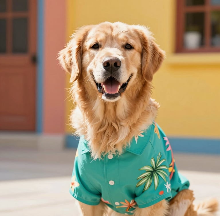 Bright editorial pet photography, warm natural daylight, a happy golden retriever wearing a vibrant tropical teal shirt, eye-level medium shot, shallow depth of field