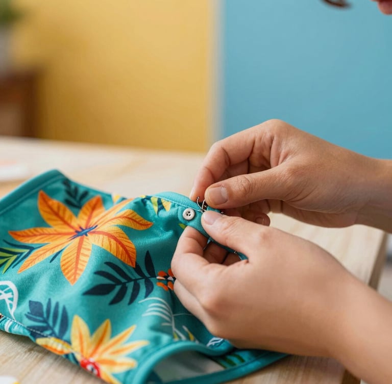 Close-up of hands sewing a colorful tropical pet shirt with teal fabric in a warm, sunlit family workshop in Celaya, bright editorial pet photography, 35mm