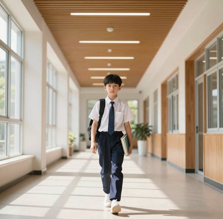 A bright sunlit, modern elite school campus corridor with high ceilings, warm wood accents, and a student in clean uniform walking with books, shallow depth of field, premium editorial photography