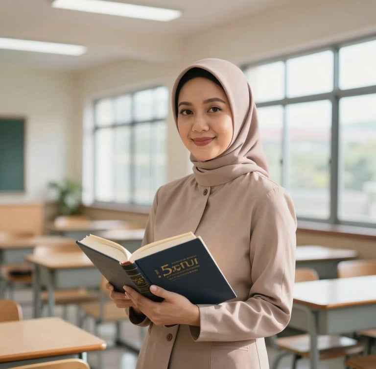 Professional portrait of an elegant Indonesian teacher in a sunlit modern classroom, holding a classic book, warm editorial lighting, shallow depth of field, 35mm