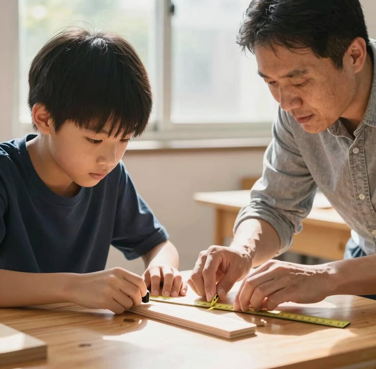 Eye-level mid-shot of a student and an educator side-by-side at a wooden table, carefully measuring a piece of wood with a ruler, natural warm daylight streaming from a nearby window, clean focus on hands-on coordination.