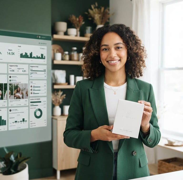 Wide shot of a diverse creator, mid-shot, holding clean white supplement packaging, bright natural daylight, crisp studio accents, sharp focus, technical social media dashboard mock-up subtly overlaid in the background, deep green tones.
