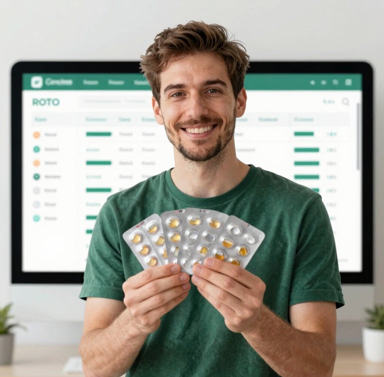 Portrait shot of a science-fluent creator holding clean vitamin packaging, with a subtle split-screen overlay of a campaign dashboard showing ROI metrics, bright natural daylight, crisp studio accents, sharp focus, 35mm