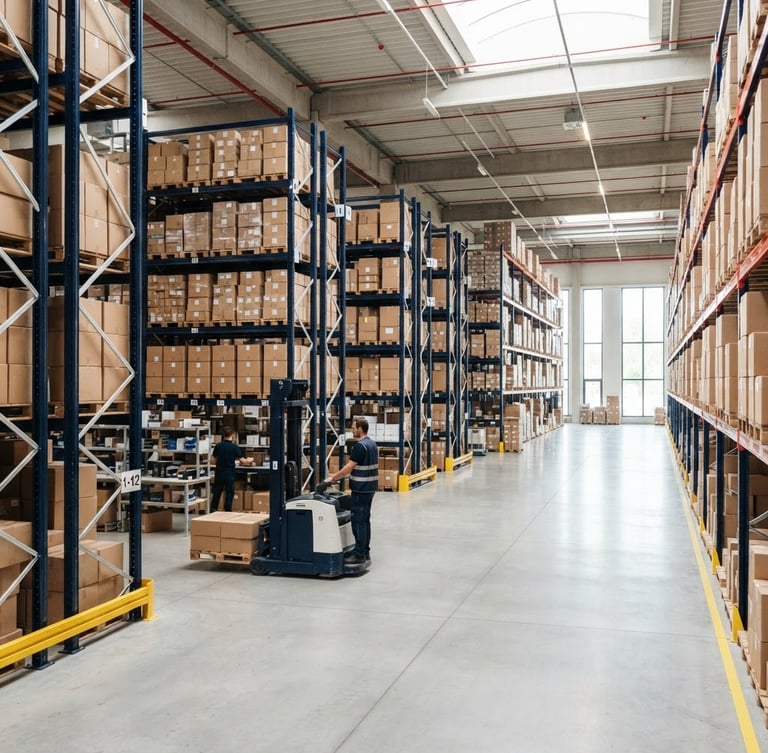 Modern warehouse interior, organized pallet racks, bright natural daylight, deep navy and white tones, sharp focus, wide shot, with a clear aisle leading to the right