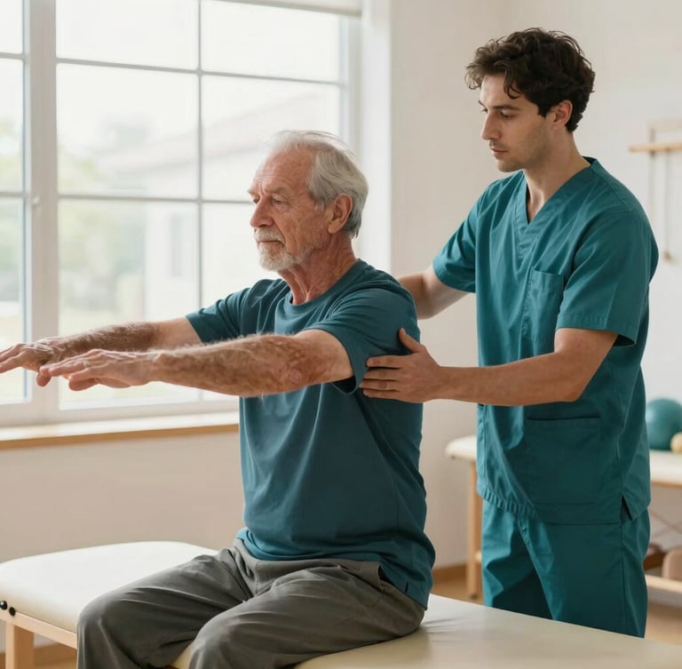 A physical therapist gently guiding a senior man through light mobility exercises in a bright, modern therapy room filled with natural window light.