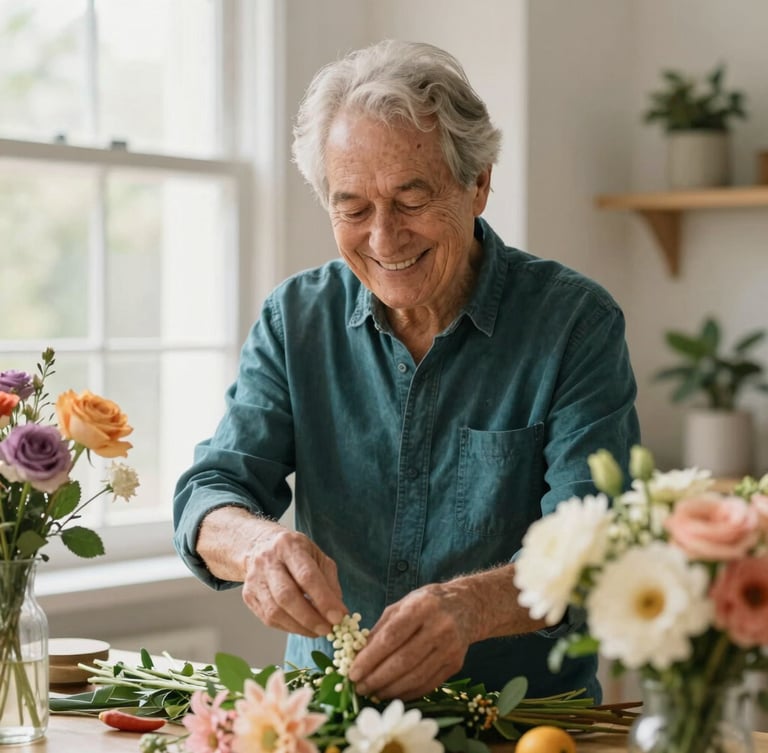 An active senior participant smiling warmly while arranging colorful flowers in a bright, sunlit room, shallow depth of field, authentic humanist style.