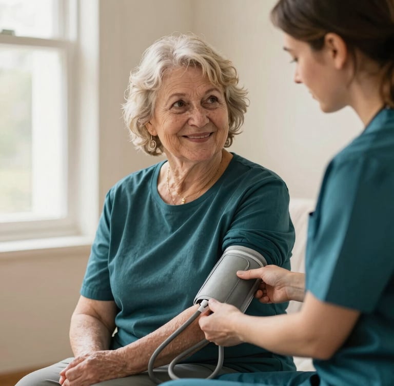 A warm portrait of an elderly woman smiling gently while a professional caregiver in a dark teal uniform checks her blood pressure, soft natural window light, cream background.