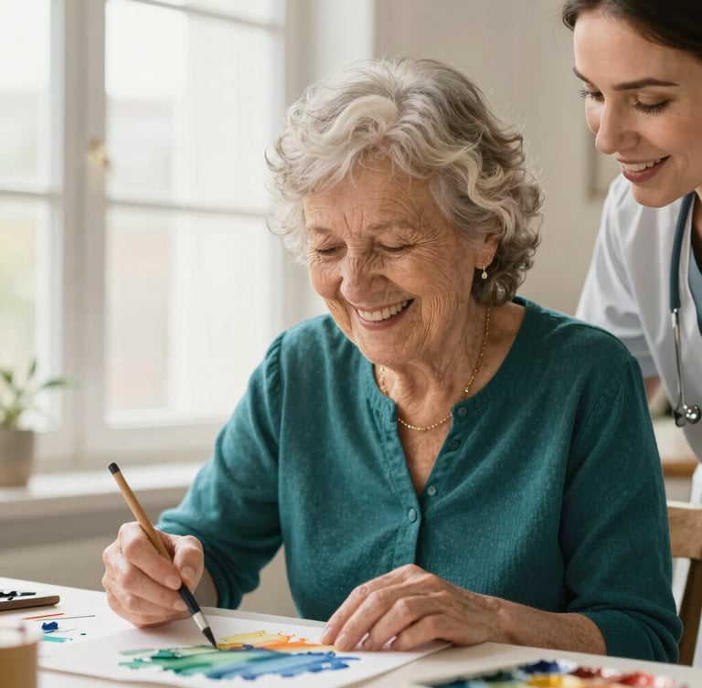 A warm close-up of an elderly woman laughing as she paints with watercolor, guided gently by a smiling female caregiver in a bright, sunlit room.
