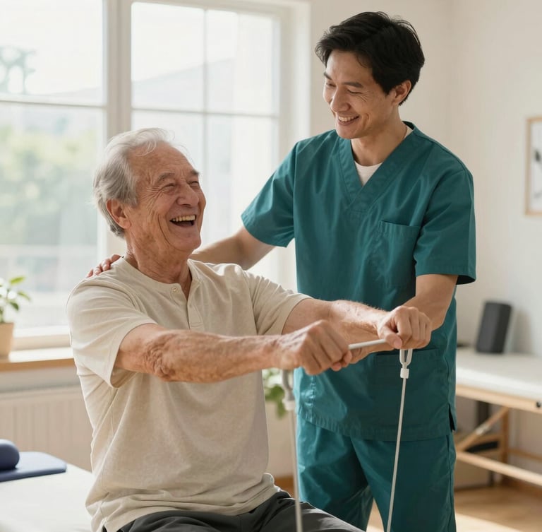 Warm editorial photography of a licensed physical therapist gently guiding a senior gentleman through light resistance exercises, both sharing a genuine laugh, bright sunlit therapy room, shallow depth of field, authentic.