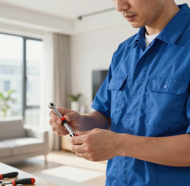 Close-up of a professional technician in a clean blue uniform neatly organizing tools in a modern bright apartment, natural daylight, 35mm lens