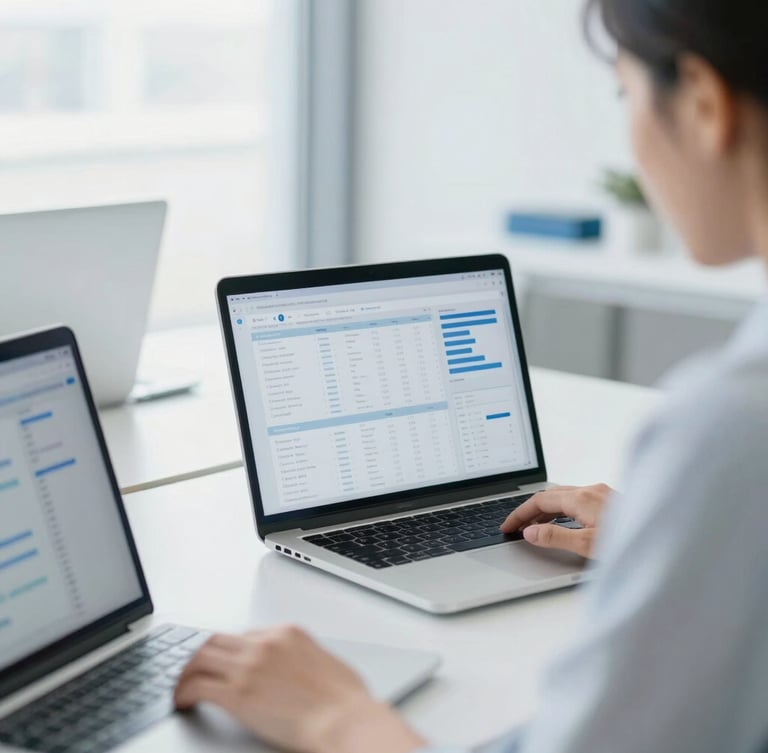 Close-up of professionals collaborating over clean laptop screens showing data flows, bright natural office light, minimalist workspace, cool blue and white tones.