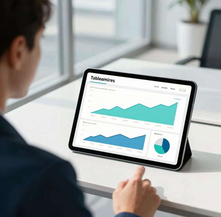 Over-the-shoulder view of a corporate analyst presenting a clean, modern Tableau dashboard on a tablet in a bright, sunlit glass office, navy and teal accents, professional workspace.