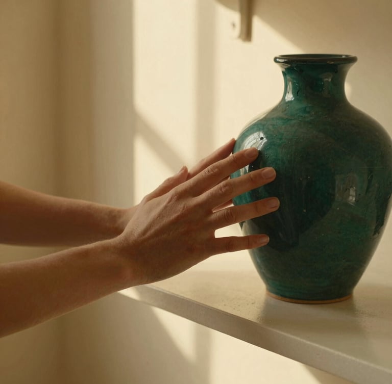 Close-up of hands touching a textured ceramic vase on an ivory shelf, warm golden-hour window light casting soft shadows, 35mm editorial photography