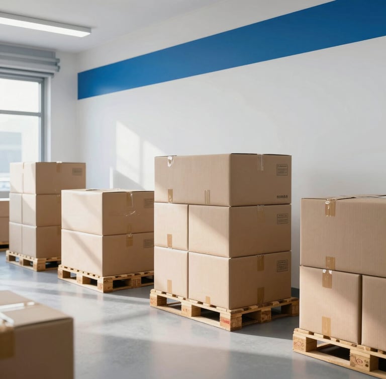 A bright, clean warehouse interior with organized shipping pallets and cardboard boxes, crisp daylight, professional corporate photography.