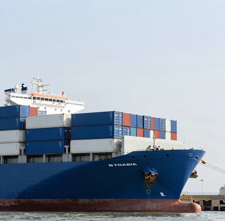 A wide environmental shot of a modern cargo ship loaded with blue and white shipping containers, docked at a clean logistics terminal under bright neutral daylight, sharp focus
