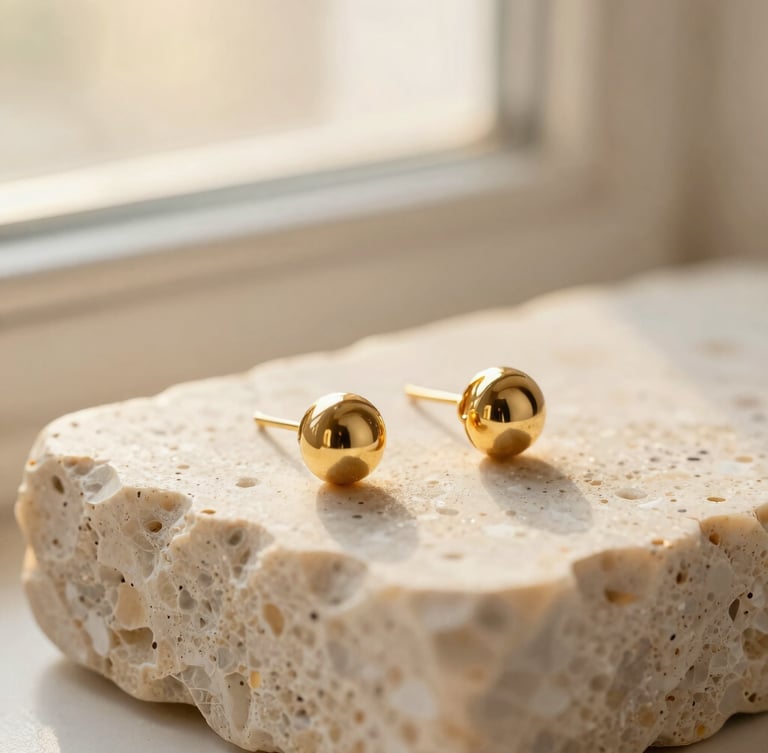 Macro close-up of gold earrings resting on raw travertine stone, soft golden-hour window light, warm editorial photography, creamy ivory tones, shallow depth of field.