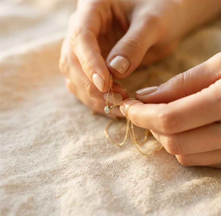 Macro close-up of hands holding a delicate gold necklace over textured linen, warm editorial photography, soft golden-hour window light, creamy ivory tones, shallow depth of field.