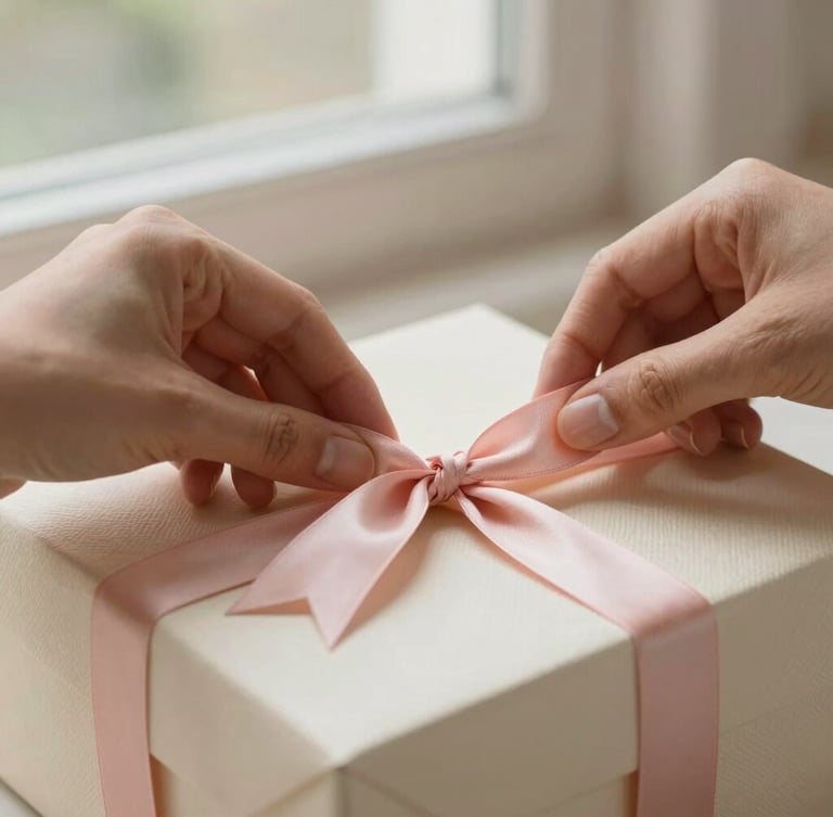 Close-up of hands gently tying a soft blush pink silk ribbon on a cream-colored textured gift box, warm natural window light, shallow depth of field, 35mm