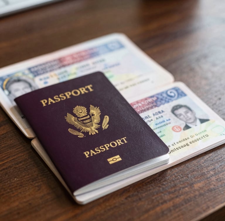 Close-up of verified passport documents and legal visa certificates on a clean dark wooden desk, soft warm lighting, professional atmosphere.