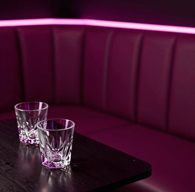 Low-light close-up of a plush leather VIP booth illuminated by soft magenta neon accents, pristine crystal glassware on a dark table, high contrast.