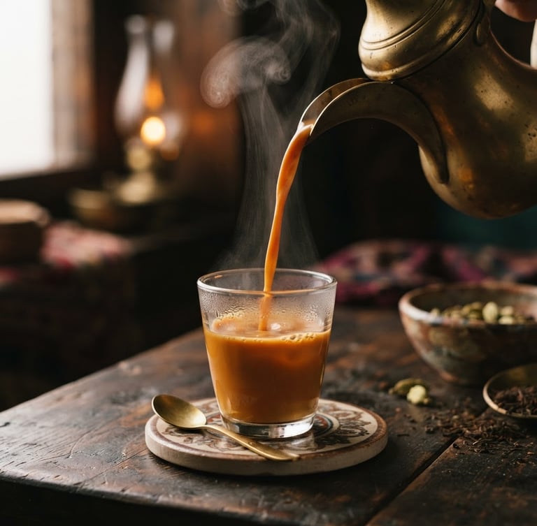 Warm editorial food photography, close-up of steaming hot karak tea being poured into a small glass cup, rich amber color, rising steam, moody low-key lighting, shallow depth of field, 35mm