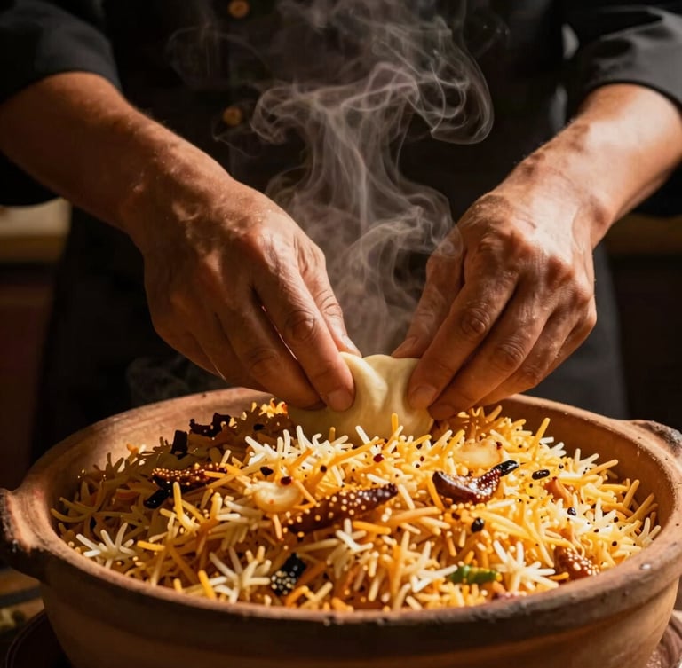 Moody close-up of a chef breaking the dough seal on a steaming clay pot of biryani, warm golden light, rising steam, editorial 35mm