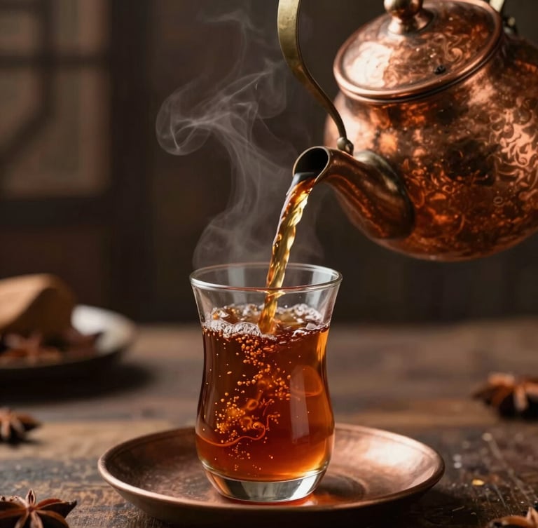 A steaming glass of spiced karak tea being poured from a traditional copper kettle, beautiful stream of tea, warm low-key lighting, shallow depth of field