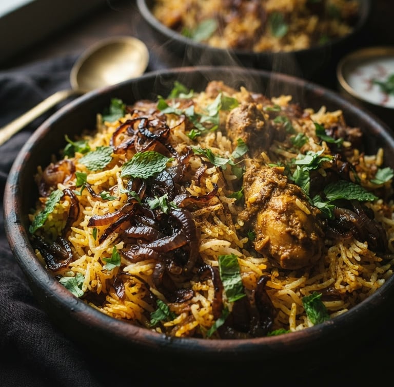 Close-up textured shot of steaming Dum Biryani with caramelized onions and fresh mint, warm editorial food photography, moody low-key lighting, 35mm