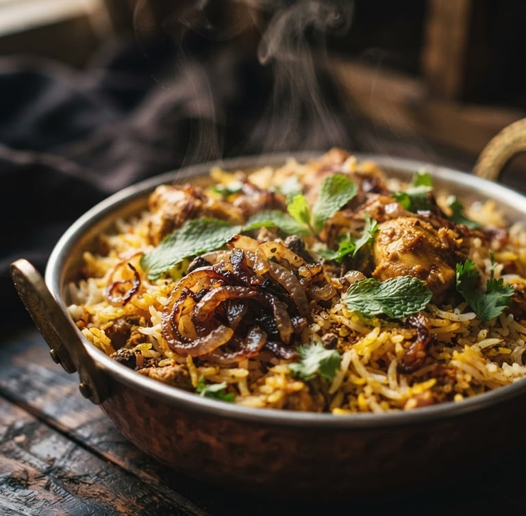 Close-up textured shot of steaming Dum Biryani with caramelized onions and fresh mint, moody warm lighting, shallow depth of field, 35mm