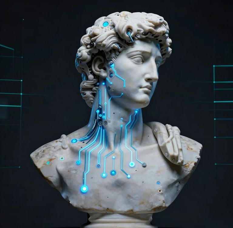 Cinematic medium shot of a classical white marble Greek bust fused with glowing neon-blue circuits and cybernetic implants, dark background with subtle cyan grid lines, cinematic chiaroscuro lighting.