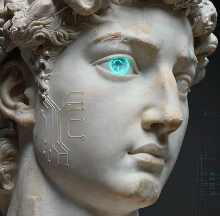 Close-up of a classical marble sculpture's face, one eye replaced with a glowing neon-cyan cybernetic aperture, intricate circuit lines etched into the stone cheek. Dark obsidian background with subtle digital grid lines.