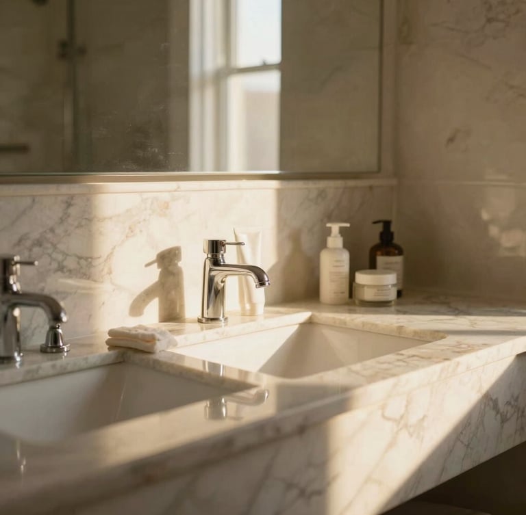 Sun-drenched marble bathroom counter with luxury amenities, soft golden-hour light, elegant neutral tones, 35mm