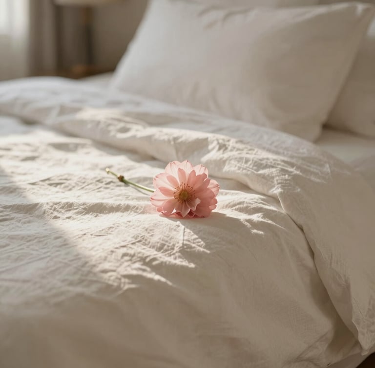 Close-up of premium white linen and a delicate pink flower on a beautifully made bed, soft morning light, shallow depth of field, warm neutral tones